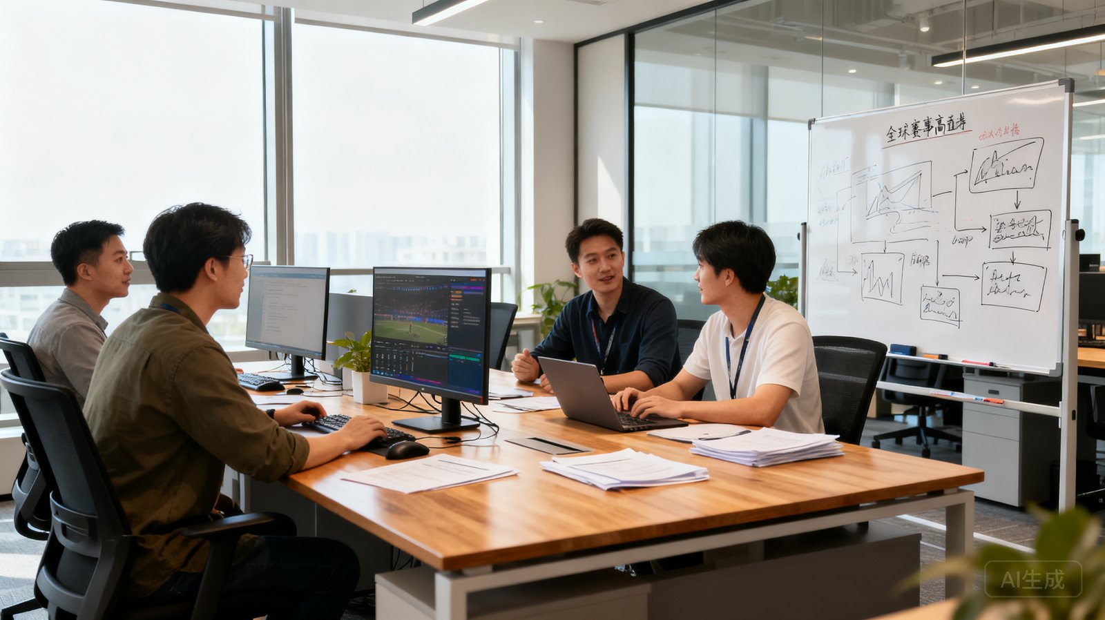 爱游戏公司团队在开放式办公区热烈讨论全球赛事高清直播技术方案