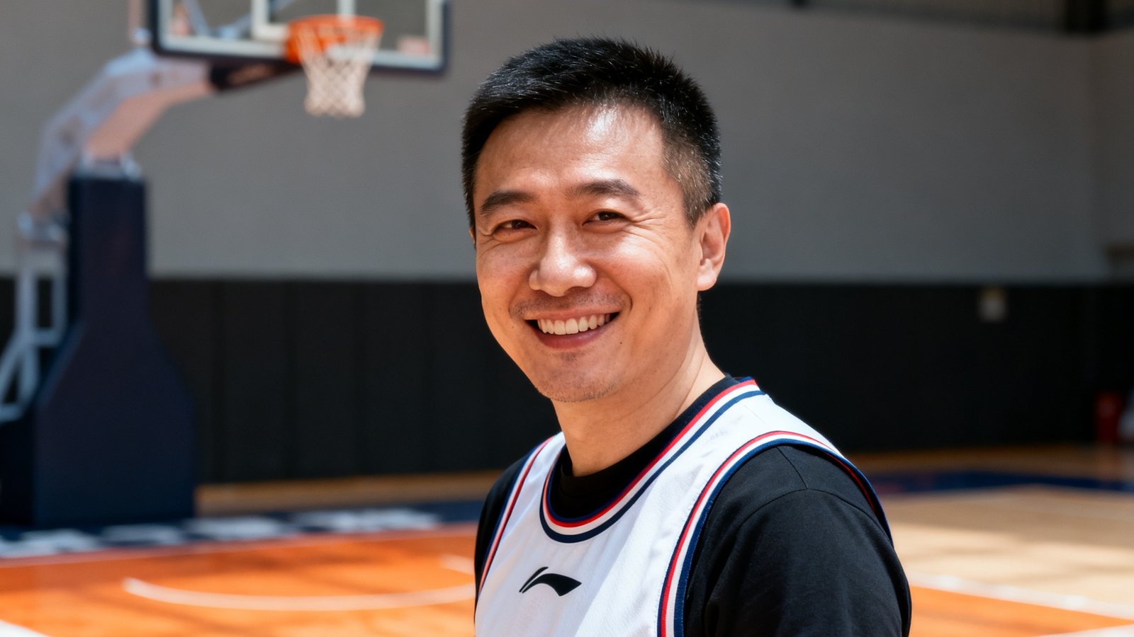 爱游戏首席技术官老周身穿篮球服在球场边微笑，背景是篮球架