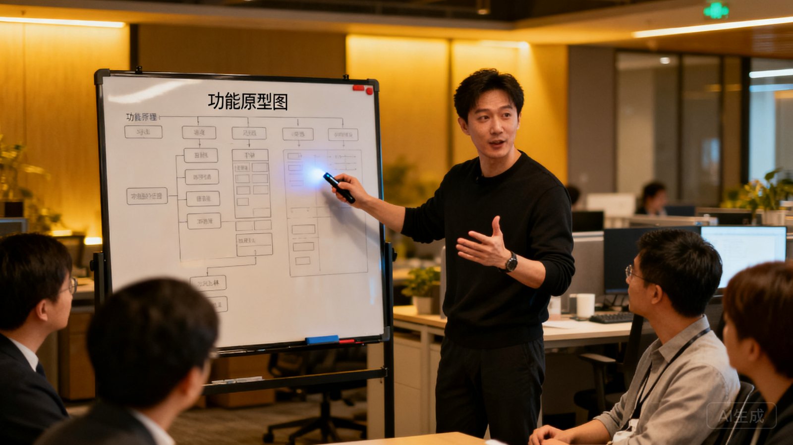 爱游戏产品经理小林在白板前激情讲解功能原型图